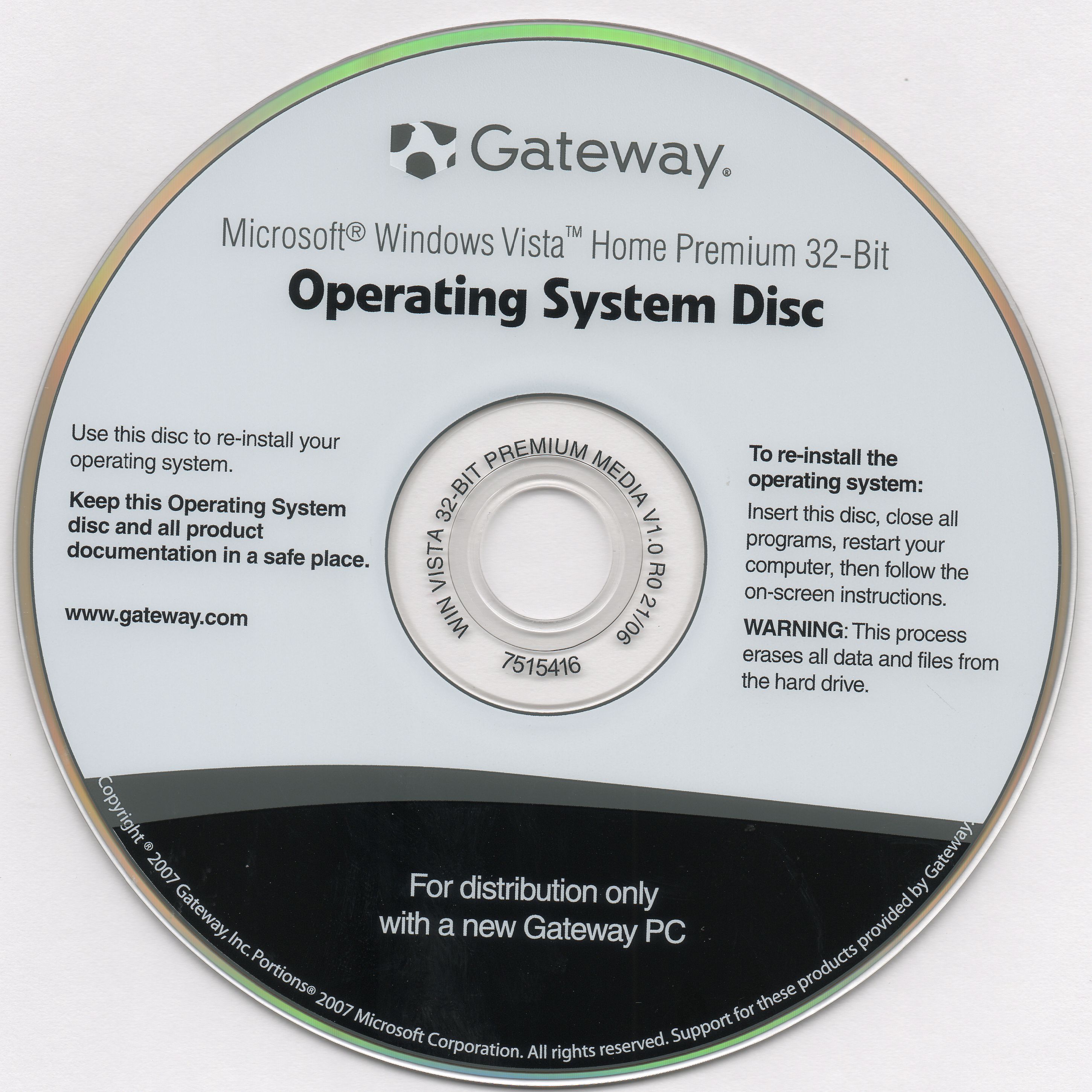 Gateway Microsoft Windows Vista Home Premium 32Bit Operating System